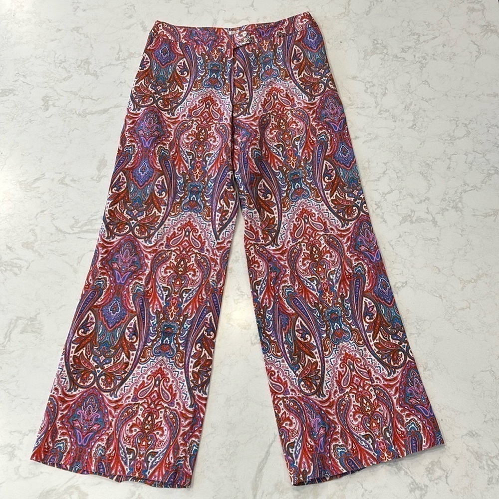 120% Lino Linen Wide Leg Trouser Pants Women’s Paisley Size 42 Pink Purple Red